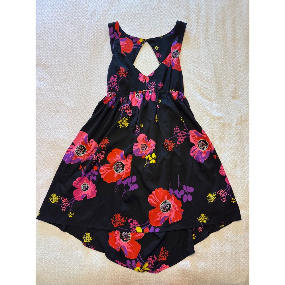 Roxy Floral High Low Mini Dress Black Pink V-Neck Cutout Back Large